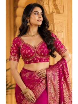 Royal Magenta Hand-Embroidered Silk Saree Blouse with Gold Zari Work