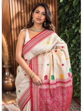 Premium Handwoven Traditional Silk Saree with Intricate Red Heritage Border & Multicolor Motif Embroidery
