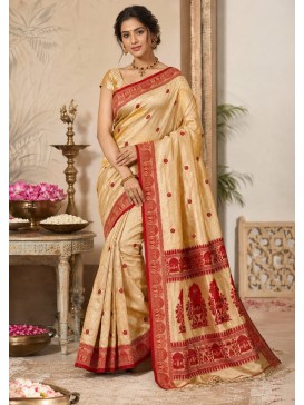 Hand Weaved Pure Handloom Tussar Silk with Golden Beige and Red Heritage Border